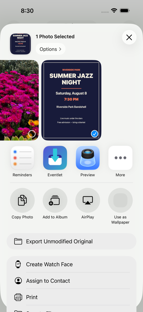 Sharing an event poster to Eventlet from the iOS share sheet